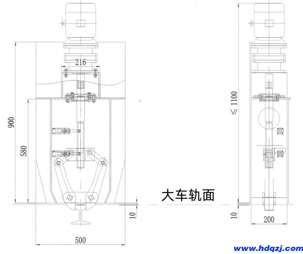 DJ-Ⅰ型電動夾軌器外形機(jī)構(gòu)與主要尺寸圖